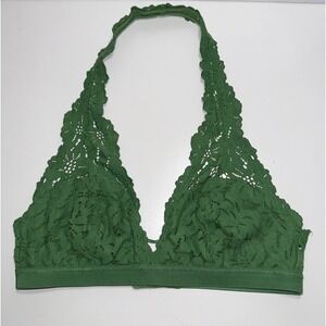 Aerie Green Floral Lace Halter Bralette XS Scalloped Unlined Hook Eye Closure